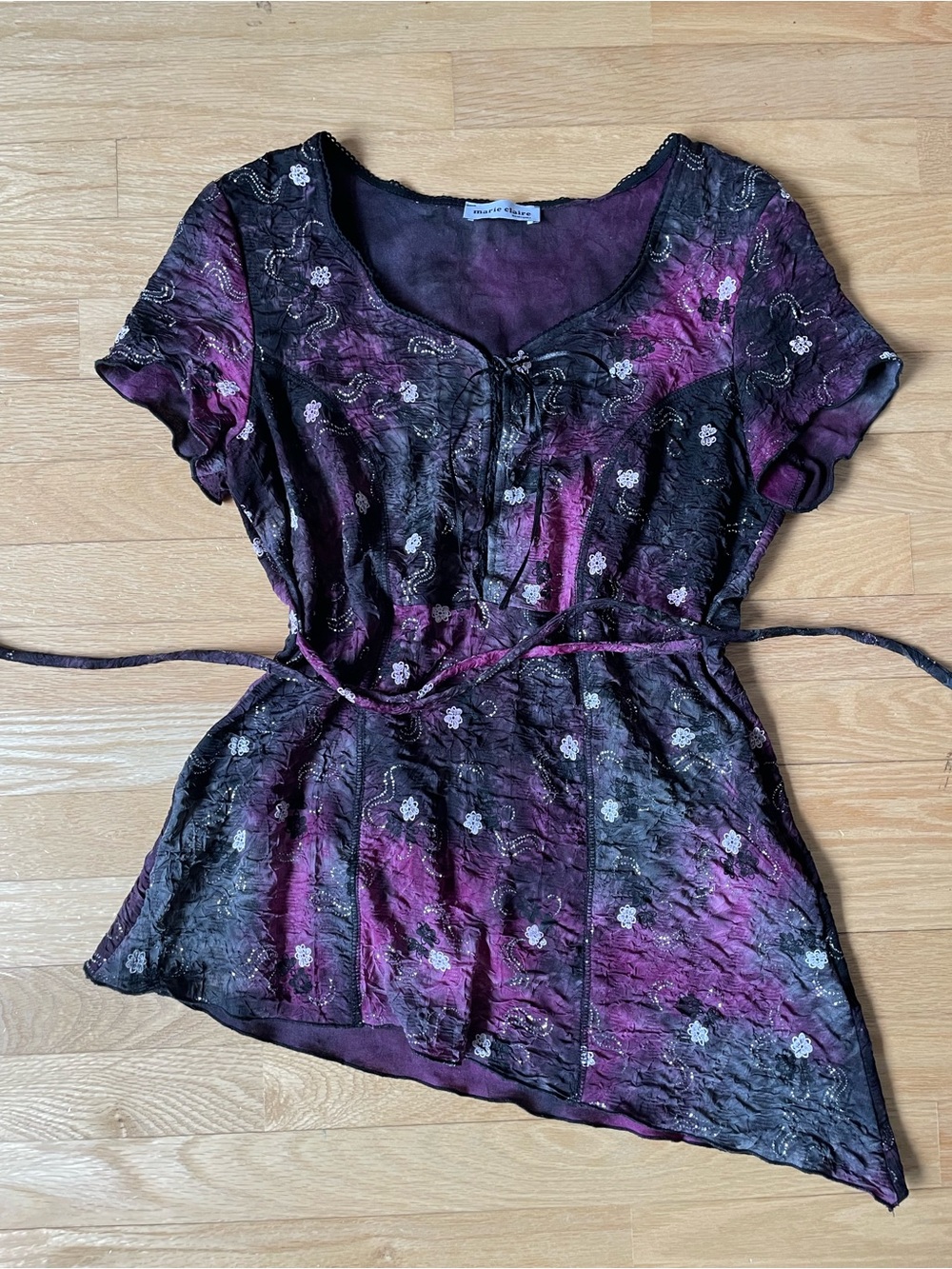 Women's Purple & Black Floral Tie-Waist Top
